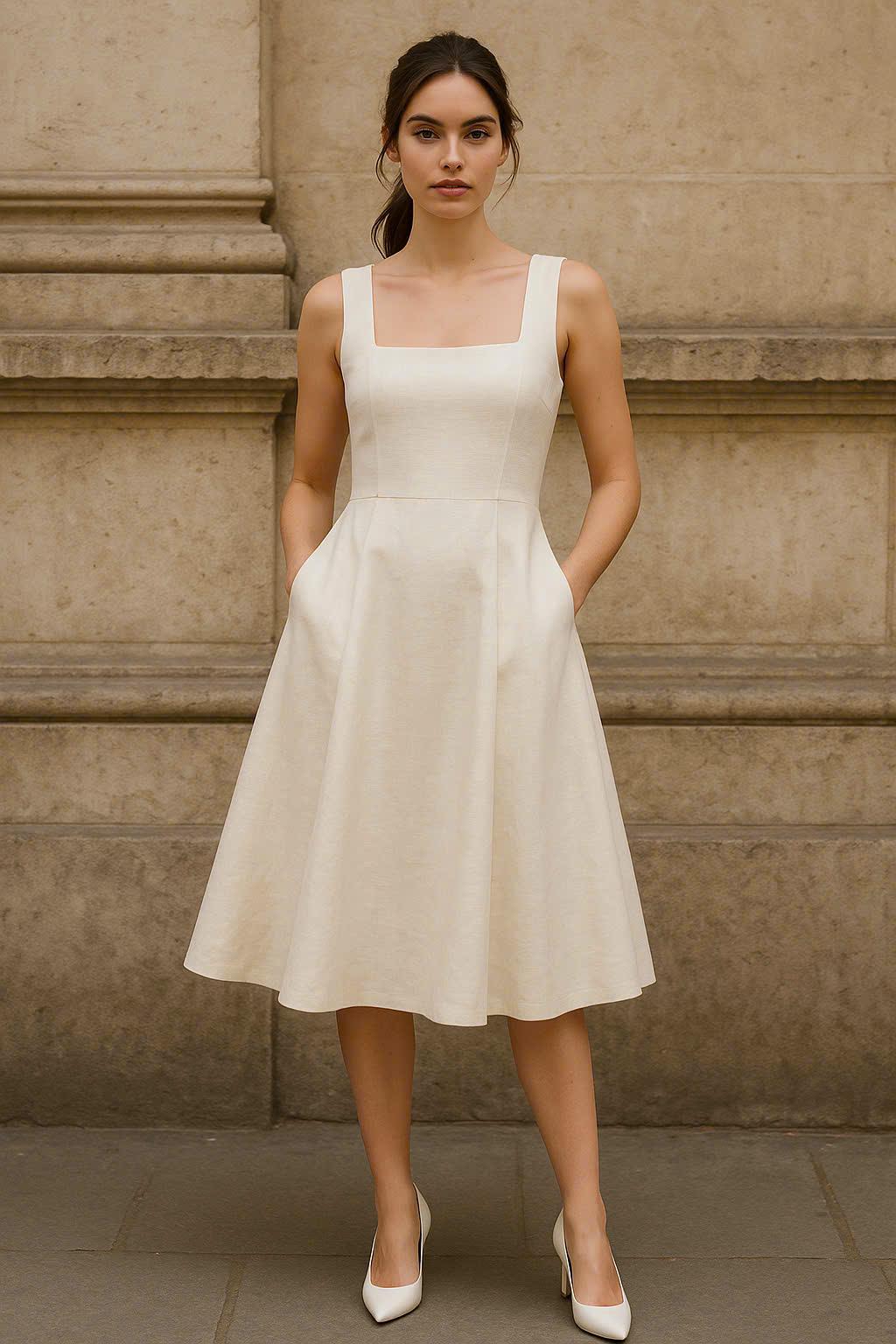 chinese dress ladies Square Neck Linen Midi Dress with Handmade Embroidery Ellie main image 1
