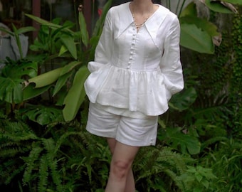 Linen Shirt and Linen Pants Set Linen Monochrome Clothing Women Linen Set Gifts for Her White Linen Blouse Linen Shorts High Waist Short