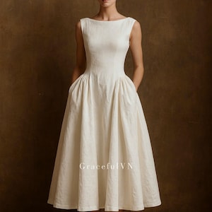 Lniana sukienka z dekoltem w łódkę, suknie ślubne szyte na miarę, lniana sukienka dla druhny, suknia ślubna w stylu vintage, suknia ślubna szyta na miarę