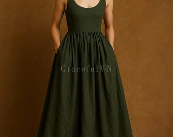 Vestido de novia rústico, vestido de lino para invitada o novia, con bolsillos, personalizado, para dama de honor, de boda, de lino.