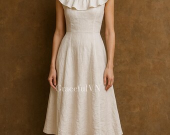 Robe en lin à col rond et volants en lin à porter au quotidien Robe de tenue élégante en lin pour femme Robe d'invité de mariage Robe sur mesure Cadeaux pour elle