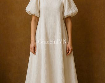 Boat Neck Puff Sleeve Dress Linen Dress With Pocket Wedding Dress Linen Dress for Women Wedding Guest Dress Custom Linen Dress Gifts For Her