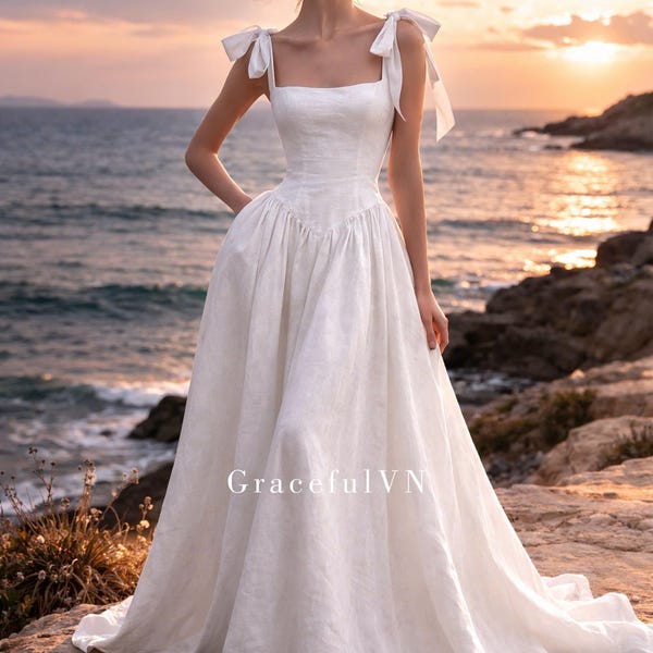 Square Neck Leinen Brautkleid mit Bogen Kleid Brautjungfer Kleid Elegantes Brautkleid Minimalistisches Kleid Natürliches Leinen Kleid Benutzerdefiniertes Brautkleid