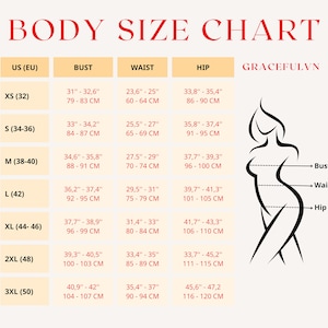 Puede incluir: Una tabla de tallas para ropa de mujer con medidas en pulgadas y cent&iacute;metros. La tabla muestra las medidas de talla, busto, cintura y cadera para las tallas XS a 3XL. La tabla est&aacute; etiquetada como "GRACEFULVN".