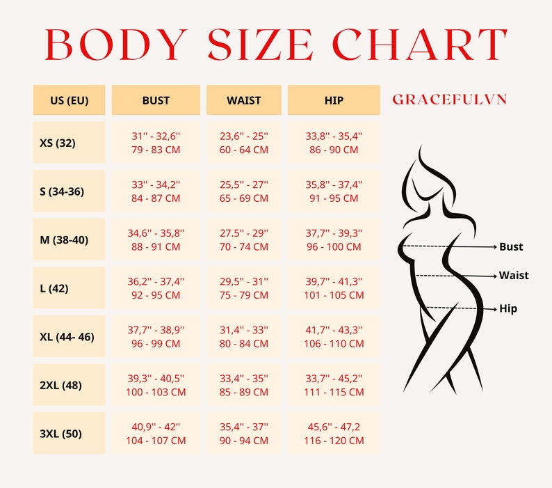 Puede incluir: Una tabla de tallas para ropa de mujer con medidas en pulgadas y cent&iacute;metros. La tabla muestra las medidas de talla, busto, cintura y cadera para las tallas XS a 3XL. La tabla est&aacute; etiquetada como "GRACEFULVN".