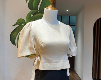 Seitliche Krawatte Leinen Top Leinen Crop Top Leinen kurze Ärmel Top Geschenk für eine Frau Büro Outfit Leinen Sommer Shirt Leinen Basic