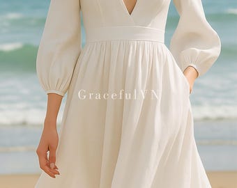 Vestido largo maxi con cuello en V, vestido clásico de lino, vestido de lino para mujer, vestido de invitada de boda, vestido personalizado, vestido vintage, vestido de boda de lino hecho a mano.