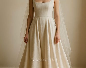 Vierkante hals trouwjurk sexy rug bruidsjurk romantische jurk lange linnen trouwjurk elegante jurk vintage linnen jurk aangepaste jurk