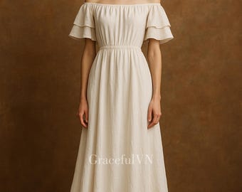 Vestido de lino personalizado, vestido de boda con hombros descubiertos, vestido de lino de tela natural con bolsillos, vestido personalizado, vestido de dama de honor, vestido de boda de lino