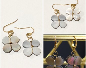 Four Leaf Clover Earring Mother of Pearl carved Leaf Earrings Wedding Earrings Bridesmaid Boho Jewelry Luck Earrings Lucky Four Leaf Clover