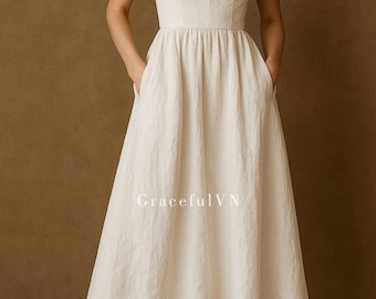 Off Shoulder Linen Dress with Pockets Handmade Ruffle Slip Designer Linen Dress Custom Linen Dress Vintage Dress Gifts For Her