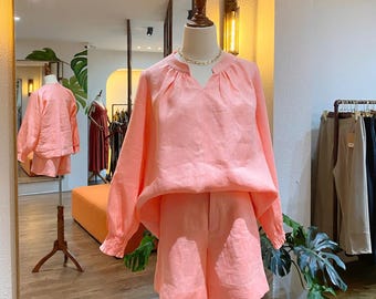 Ensemble haut et short en lin taille haute pantalon court en lin bureau short en lin d'été ensemble deux pièces lin vêtements en lin vêtements faits main