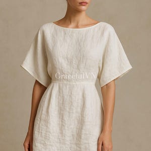 Boat Neck Midi Dress Short Sleeve Linen Dress Dress for Women Wedding Guest Dress Custom Linen Dress Vintage Dress Gifts For Her