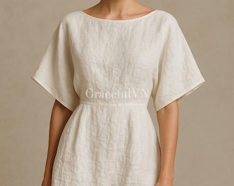 Robe midi encolure bateau Robe en lin à manches courtes Robe pour femme Robe d'invité de mariage Robe en lin personnalisée Robe vintage Cadeaux pour elle