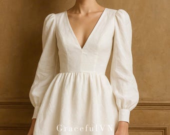Robe midi col en V avec poches Robe à manches longues Robe de mariée en lin Robe de mariée courte midi Robe d'invité de mariage Robe personnalisée Robe vintage