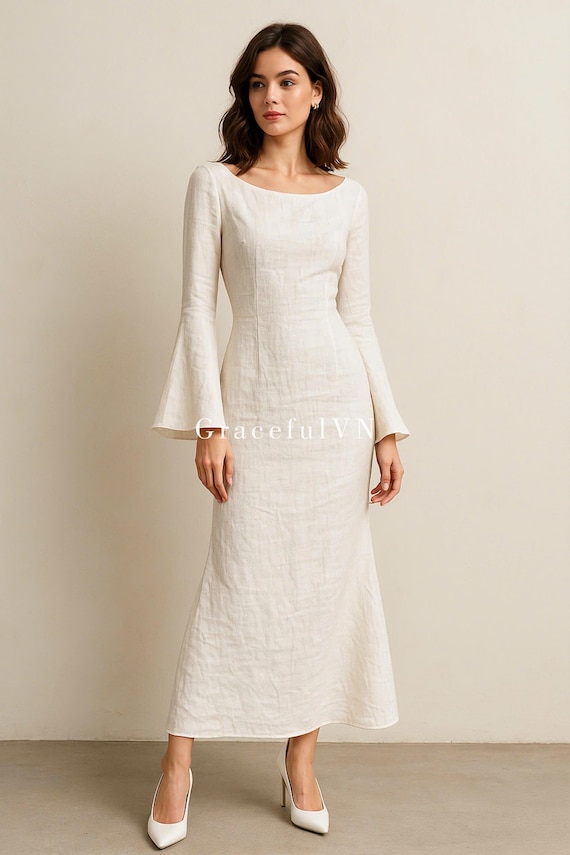 Loose fit Linen Dress Bridemaid Linen Dress Full Sleeve Dress Wedding Dress Wedding Guest Dress Custom Dress Linen Open Back Bridesmaid