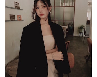 Handmade Blazer Fitted Waist Oversize Blazer Women Vest All Season Coat Loose Pockets Jackets with Pockets Long Sleeve Winter Blazer