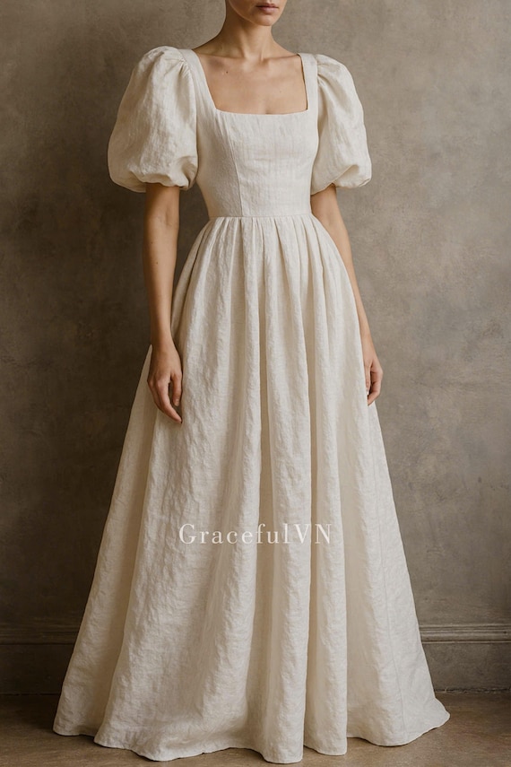 square neck white linen dress Handmade White Linen Dress JUNE: Square Neck Slit Summer Dress