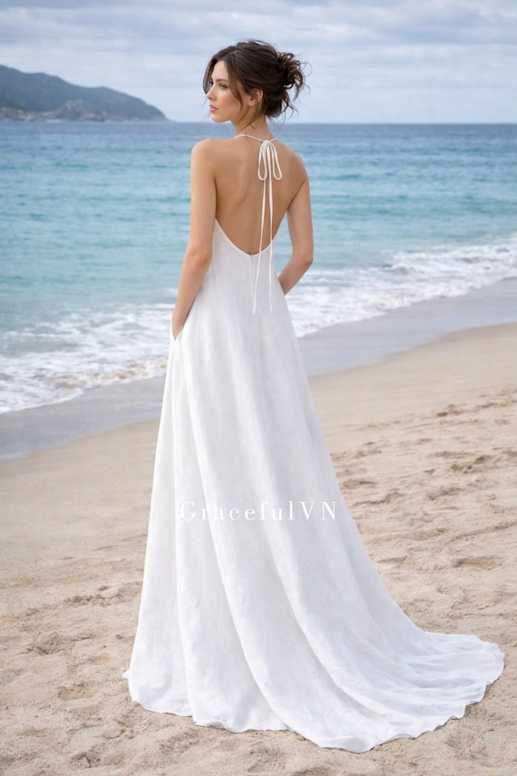 beach wedding dresses halter neck Linen Dress for Wedding Bridemaid Linen Dress Bridal Dress Vintage Style Wedding Gown Custom Made Bridal Color:Bean Green color: orange For Love & Lemons Mermaid Hemline/Train