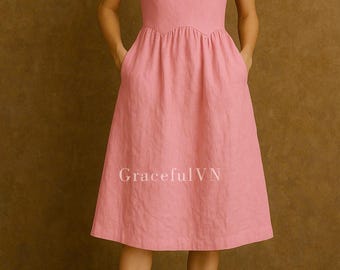 Robe en lin personnalisée avec poches Robe encolure bateau en lin à porter au quotidien Robe élégante en lin pour femme Robe d'invité de mariage Cadeaux pour elle