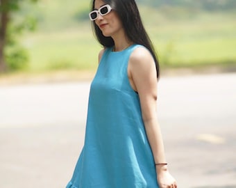 Sky Blue Dress With Pockets Dress For Women Linen Sundress Wedding Dress Sleeveless Dress Party Dress Linen Clothing Dress Gift for Her