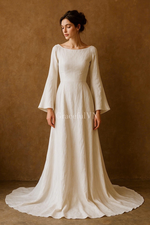 Boat Neck Wedding Dress Bridemaid Linen Dress Minimalist Wedding Dress Wedding Dress Wedding Guest Dress Vintage Dress Bohemian Linen Dress