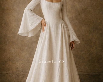 Long Bell Sleeve Wedding Dress Made to order Wedding Dress Vintage Style Wedding Gown Linen Bridal Dress Tailored Bridal Gown Custom Dress