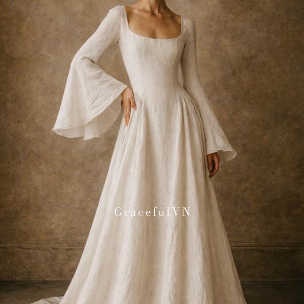 Lange Glocke Ärmel Brautkleid Made to order Hochzeitskleid Vintage-Stil Hochzeitskleid Leinen Brautkleid Maßgeschneiderte Brautkleid Custom Kleid