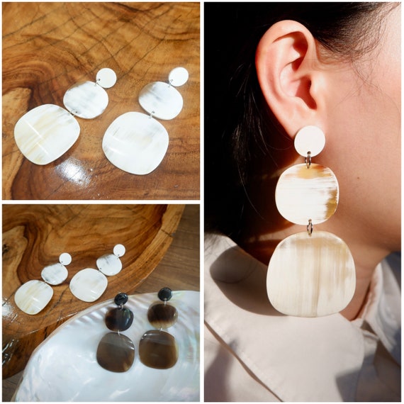 Natural Buffalo Horn Earrings Earrings Buffalo Horn Jewelry Boho Earrings Boho Jewelry Stainless Metal Big Earrings Tribal Earrings