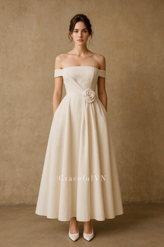 Off The Shoulder Wedding Dress Bridal Linen Dress Sustainable Bridal Gown Vintage Dress Bridemaid Dress Minimalist Dress Wedding Guest Dress