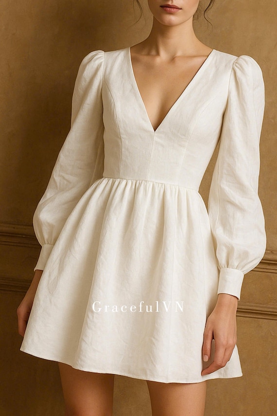 V Neck Midi Dress with Pockets Long Sleeve Dress Linen Bridal Dress Short Midi Wedding Dress Wedding Guest Dress Custom Dress Vintage Dress