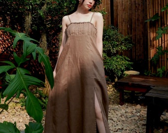Handmade Linen Maxi Slip Dress With Pockets Custom Wedding Guest Dress Minimalist Linen Dress Beach Summer Gift for Her Custom Linen Dress