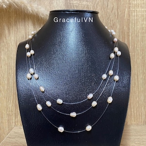 3 Layered Pearl Necklace Real Freshwater Pearl Necklace  Bridal Necklace Wedding Jewelry Gift for Mom Pearl Necklace Bridesmaid Bridal Gifts