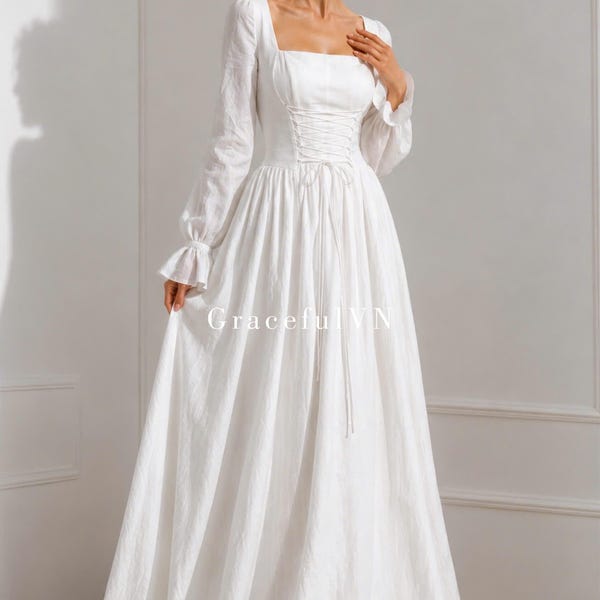 Langarm Korsett Hochzeit Leinen Kleid eckiger Ausschnitt Brautkleid Cottagecore Brautkleid Brautjungfer Kleid elegantes Brautkleid kundenspezifisches Kleid