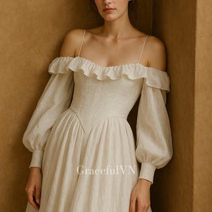 Vestido romántico de lino para novia, vestido de lino para novia con mangas abullonadas, vestido de dama de honor, vestido de invitada de boda, vestido vintage, elegante vestido largo de lino.