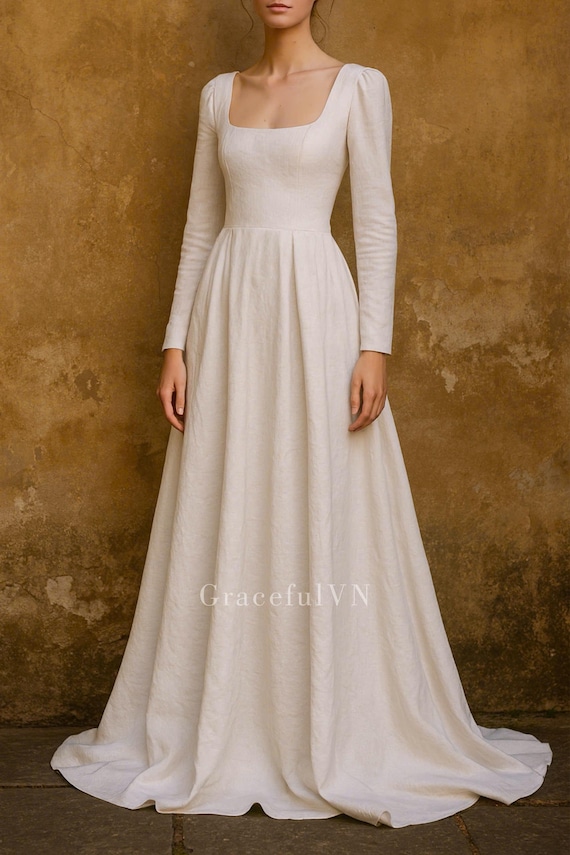 linen engagement dress Plus Size Pearl Decoration Sheer Sleeves Satin Evening Gown main image 0