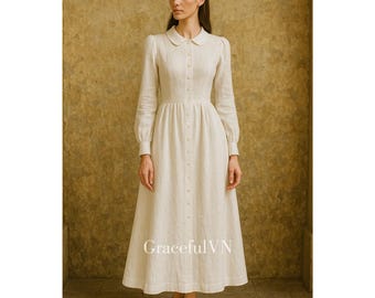 Vestido longo de linho com manga comprida, vestido de madrinha, vestido de noiva, vestido para convidada de casamento, vestido personalizado, vestido vintage, modesto, retrô, vintage