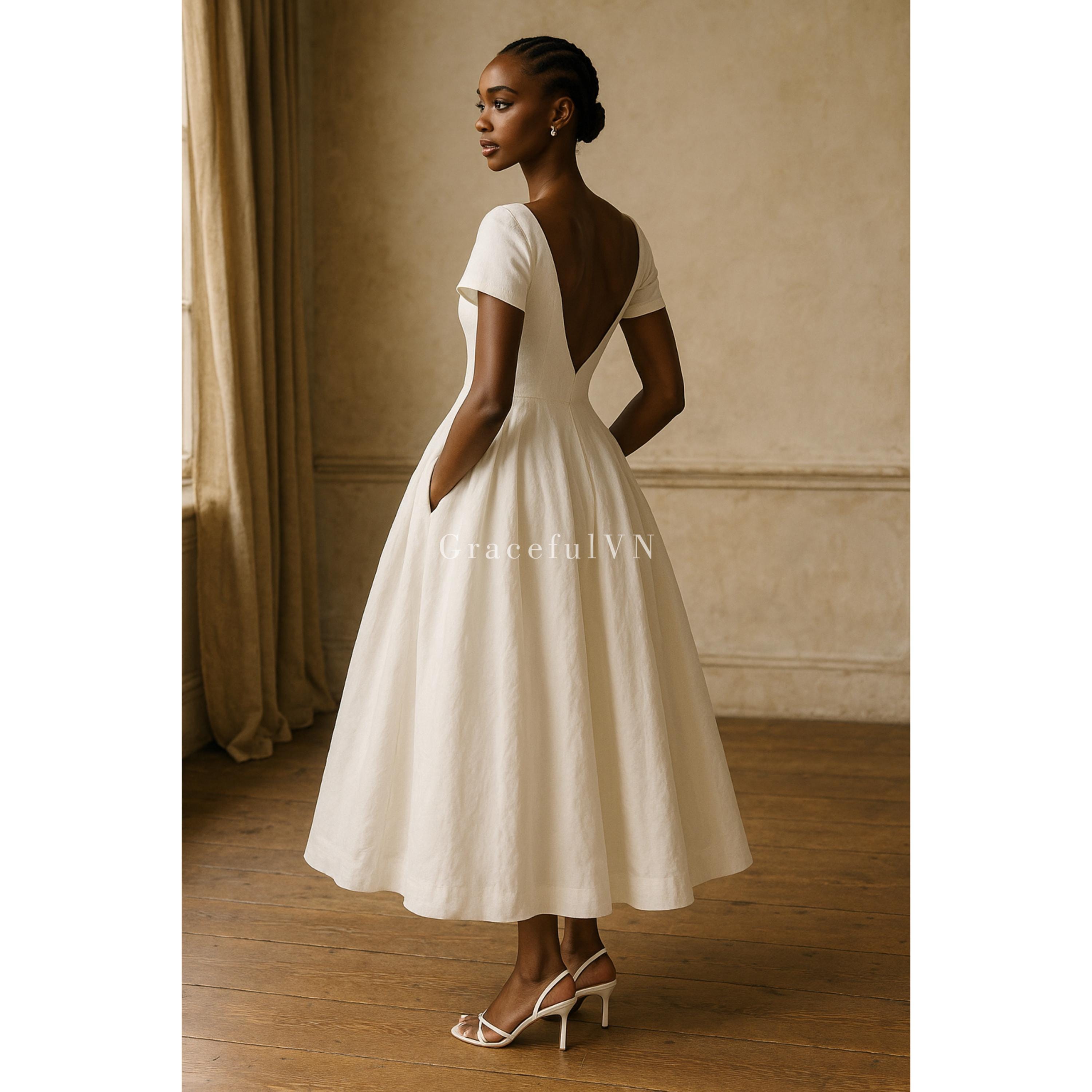 Natural Fabric Dress V Neck Linen Dress With Pockets Custom Dress Bridemaid Dress Wedding Dress Linen Dress for Women Wedding Guest Dress