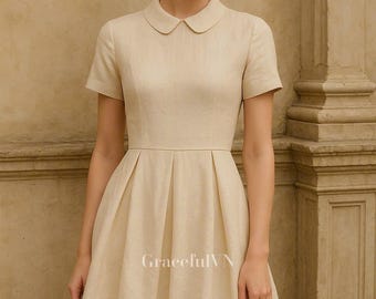 Peter Pan Collar Linen Dress Midi Dress With Pockets Linen Dress for Women Wedding Guest Dress Custom Dress Vintage Dress Gifts For Her