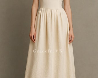 Custom Linen Dress Elegant Linen Dress Boat Neck Short Sleeve Fit and Flare Minimalist Style Gifts For Her