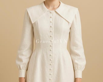 Long Sleeve Button Linen Dress Autumn Linen Dress Bridemaid Linen Dress Full Sleeve Dress Wedding Dress Wedding Guest Dress Custom Dress
