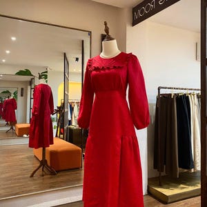 Linen Dress Fall Spring Women&#39;s linen Maxi Dress Long Sleeves Wedding Guest Dress Organic Natural Linen Wedding Dress Custom Size Red Dress