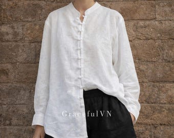 Camisas sueltas abotonadas Tops de lino para mujer Tops de manga farol 100% lino para mujer Camisa oversize Camisa de verano de lino personalizada Camisa básica de lino