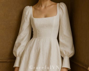 Robe midi à encolure carrée Robe à manches longues Robe de mariée en lin Robe de mariée courte midi Robe d'invité de mariage Robe en lin personnalisée Robe vintage