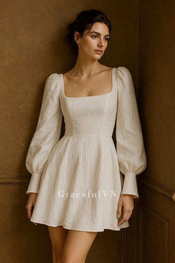 knee length dresses for ladies Defined Waist Lace Sleeve Square Neck Midi Dress main image 1