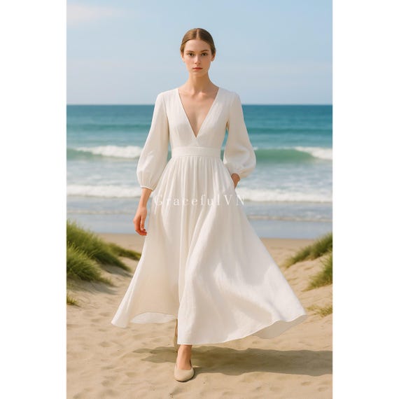 V-Neck Maxi Long Dress Classic Linen Dress Linen Dress for Women Wedding Guest Dress Custom Dress Vintage Dress Handmade Linen Wedding Dress