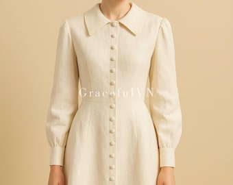 Long Sleeve Button Dress Autumn Linen Dress With Pockets Bridemaid Dress Long Sleeve Midi Dress Wedding Guest Dress Custom Dress Party Dress