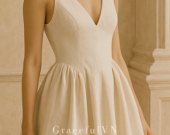 Vestido com decote em V, vestido feminino clássico de linho, vestido de linho para mulheres, vestido para convidada de casamento, vestido de madrinha, vestido midi com bolsos