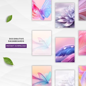 Może przedstawiać: Dekoracyjne pulpity nawigacyjne z motywami motyli, kwiatów i piór w odcieniach różu, fioletu i błękitu. Tekst "Decorative Dashboards" i "Instant Download" jest widoczny na fioletowym prostokącie.