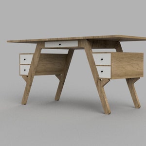 May include: A wooden desk with a light brown finish and white drawers. The desk has a unique design with angled legs and a wide top.